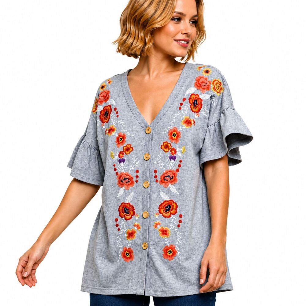 New UMGEE S 4 6 Gray Floral Embroidered Ruffle Sleeve Button Front Cotton Top